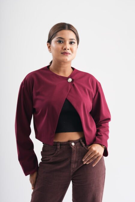 Crimson Solid Button Crop Shrug Overlay Jacket