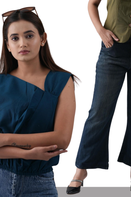 Royal Blue One-Shoulder Top with Boot Fit Dark Blue Women’s Jeans